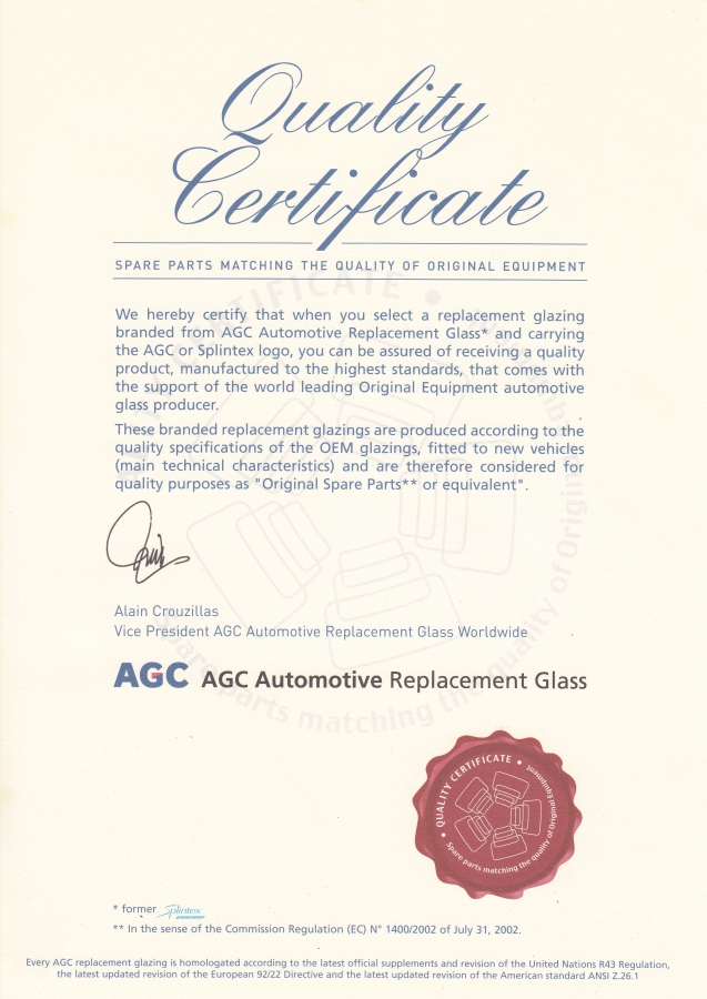 Sekurit AGC certifikát