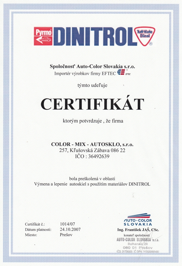 Dinitrol certifikát